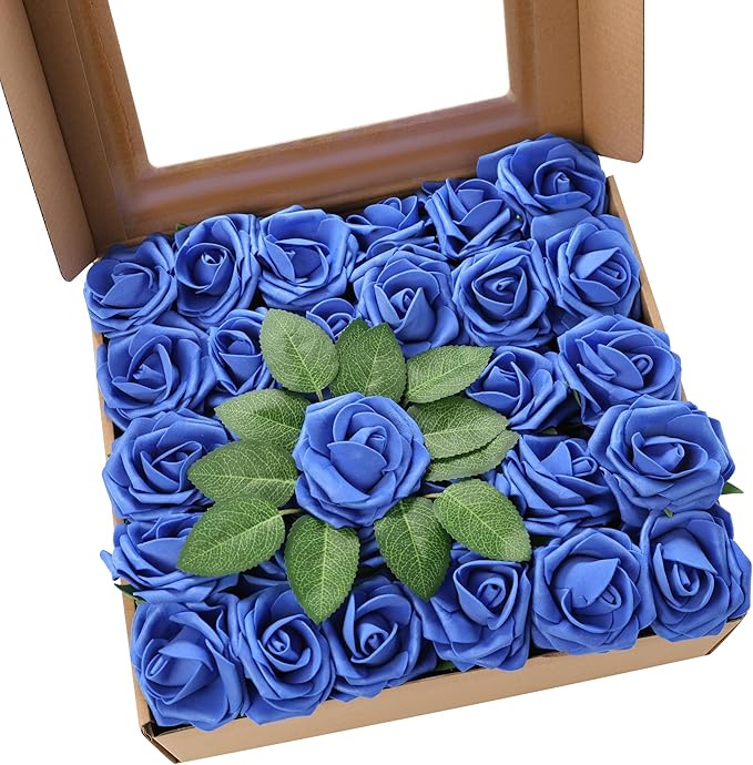 60Pcs Artificial Rose Flowers, Real Looking Fake Roses for Decorations, Foam Rose Bulk with Stems for DIY Wedding Bouquets Floral Arrangements Bridal Shower Party Home Decor (60, Navy Blue)
