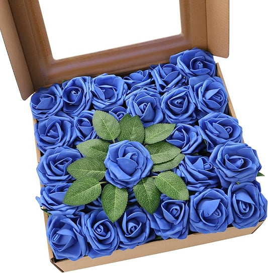 60Pcs Artificial Rose Flowers, Real Looking Fake Roses for Decorations, Foam Rose Bulk with Stems for DIY Wedding Bouquets Floral Arrangements Bridal Shower Party Home Decor (60, Navy Blue)