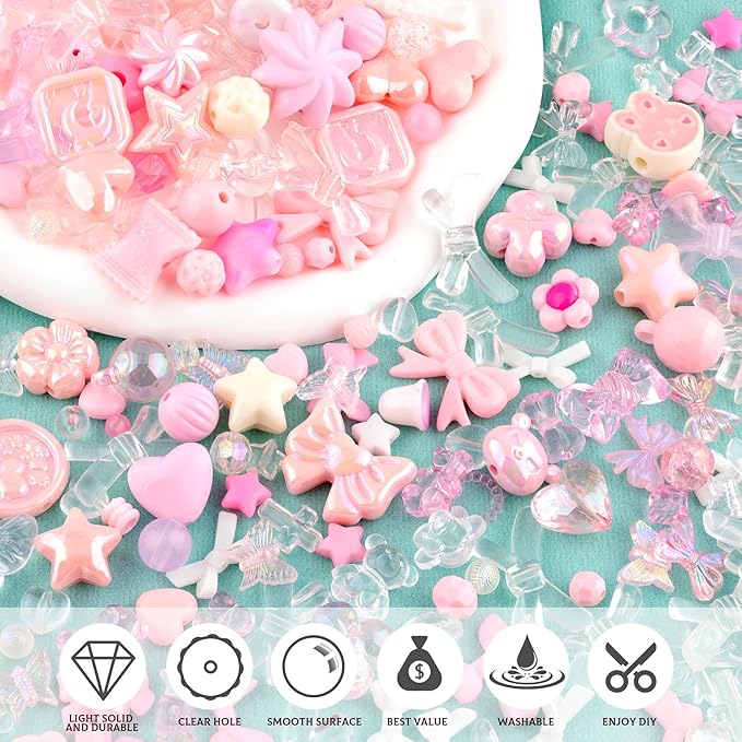 Assorted 200-260PCS Pink Acrylic Beads for Bracelet Making, Flower Bow Candy GummyBear Bracelet Charms,Cute Beads for Jewelry Making DIY Necklace Keychain Phone Charm Christmas Gift