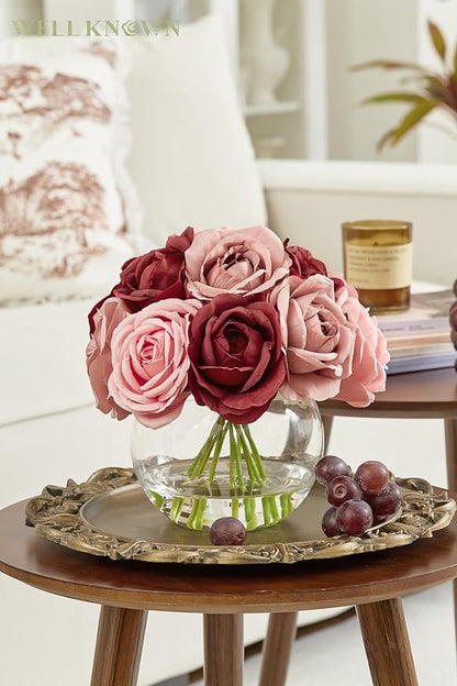 WELL KNOWN Silk Rose Artificial Flowers with Vase Artificial Rose Flower Arrangements in Round Bowl Vase with Faux Water for Home Table Decoration (Burgundy & Dusty Rose)