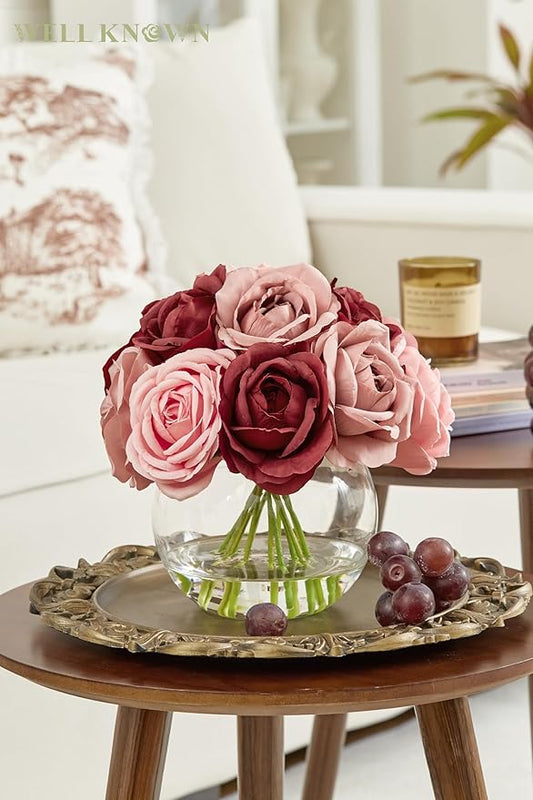 WELL KNOWN Silk Rose Artificial Flowers with Vase Artificial Rose Flower Arrangements in Round Bowl Vase with Faux Water for Home Table Decoration (Burgundy & Dusty Rose)