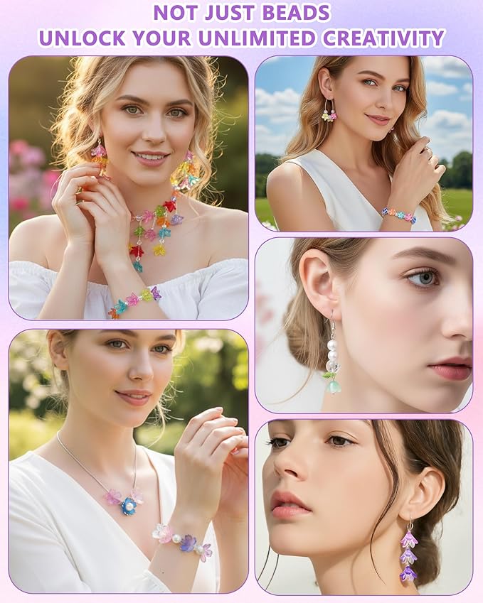 FIVEIZERO 200PCS Acrylic Lily Flower Beads, 16 Colors Trumpet Bell Floral Bead Charms for Bracelets, Necklaces & DIY Jewelry Making Crafts