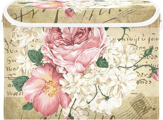 Flower Baskets Collapsible Storage Bins with Lids, Vintage Rose Floral Storage Boxes Clothes Baskets for Organizing