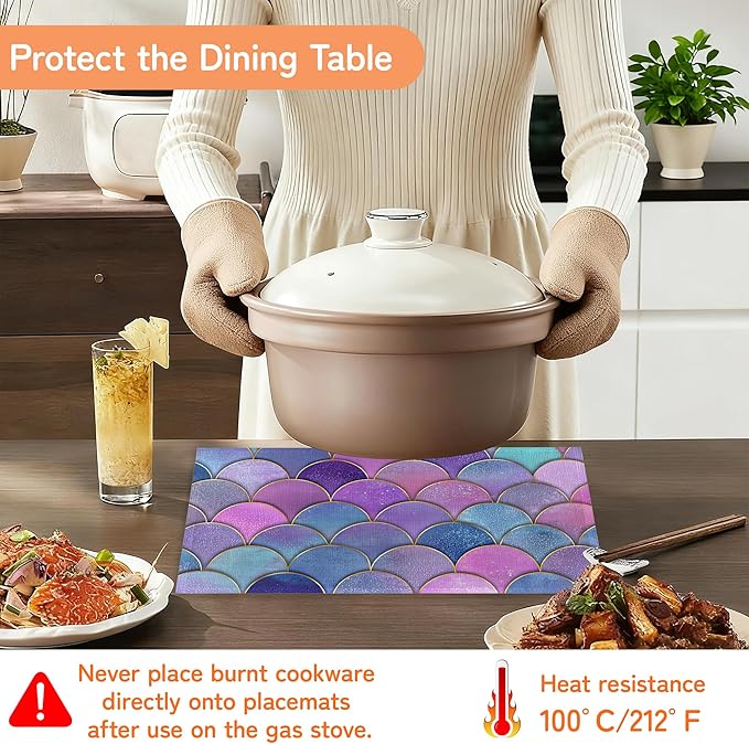 Glitter Fish Scales Placemat Set of 6,Mermaids Heat Resistant Linen Table Mats for Indoor Outdoor Home Kitchen Dining Room Table 12x18Inch