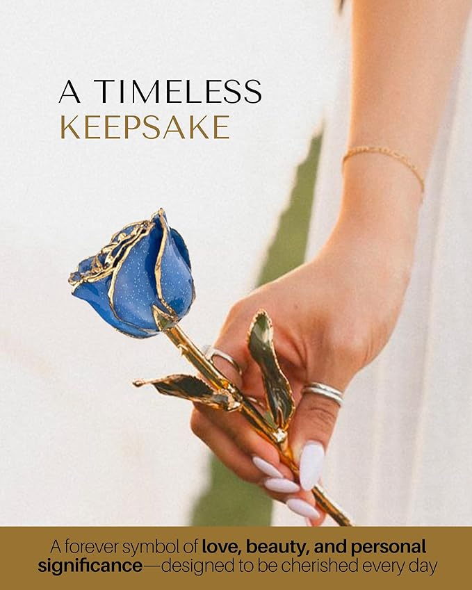 Forever Rose Hand-Dipped in 24K Gold, Sapphire-Inspired September Birthstone with Sparkles, Real Rose in Luxury Gold Gift Box – Perfect Ready to Gift for September Birthday or Any Occasion