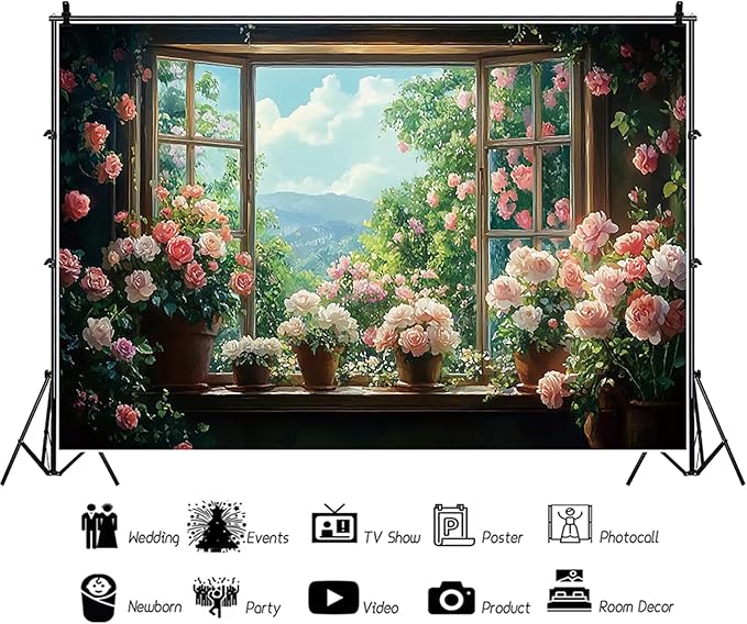 Baocicco 12x8ft Flowers Windowsill Photography Background Spring Floral Retro Oil Painting Photo Backdrop for Valentines Mothers Day Birthday Wedding Party Decorations Girls Women Portraits