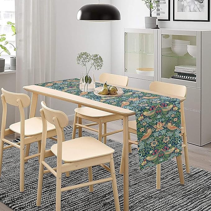 William Morris Floral Table Runner, Vintage Green Flowers Botanical Printed Table Runner for Home Kitchen Dining Table Decoration,13x120 Inch