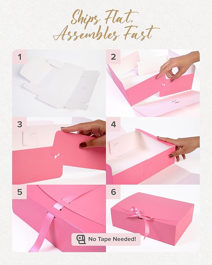 HummingBox Pink Gift Box Set of 16 - Gift Boxes for Presents & gifting on weddings, birthdays & more - Easy to Assemble Pink Gift Boxes With Lids & Ribbon Closure - Decorative Boxes With Lids