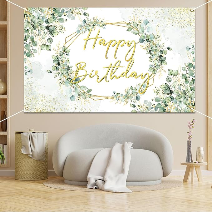 Avezano Sage Green Birthday Backdrop Greenery Eucalyptus Leaves Birthday Party Background Bday Party Decorations for Women Adults 6 x 3.6 ft