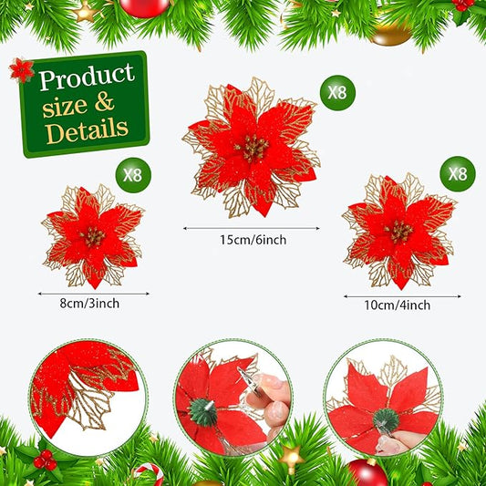 Geosar 24 Pieces Christmas Glitter Poinsettia Flowers Layered Artificial Xmas Flowers Wedding Christmas Tree New Year Ornaments 3/4/6 Inch(Red)