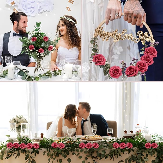 Artificial Flowers 50PCS Burgundy Roses Real Looking Foam Fake Roses with Leaves and for DIY Wedding Bouquets Bridal Shower Centerpieces Party Decorations (Burgundy)