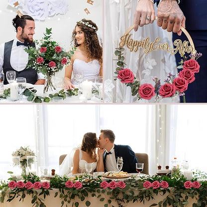 Artificial Flowers 50PCS Burgundy Roses Real Looking Foam Fake Roses with Leaves and for DIY Wedding Bouquets Bridal Shower Centerpieces Party Decorations (Burgundy)