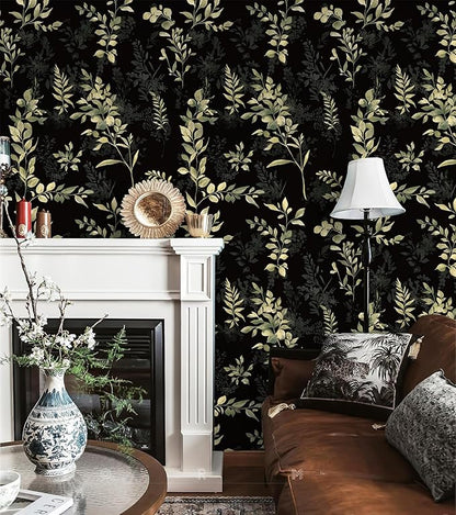 Peel and Stick Wallpaper Boho Leaf Removable Wallpaper Black Textured Renter Friendly for Bathroom Botanical Floral Self Adhesive Contact Paper for Cabinet Countertop 17.5 x 118 in