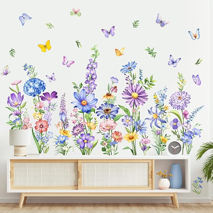 Tanlaby Wildflower Wall Decals Daisy Grass Butterflies Blue Flower Wall Stickers Floral Botanical Wall Art Decor for Baby Nursery Girl Bedroom Living Room Sofa