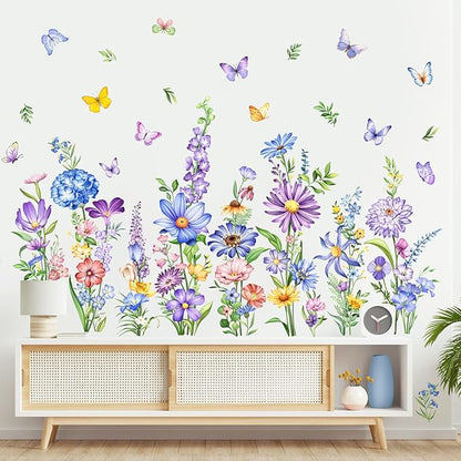 Tanlaby Wildflower Wall Decals Daisy Grass Butterflies Blue Flower Wall Stickers Floral Botanical Wall Art Decor for Baby Nursery Girl Bedroom Living Room Sofa