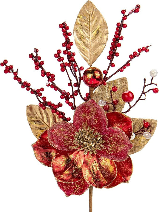 Briful 2PCS Christmas Glitter Magnolia Flowers Picks and Spray with Christmas Balls Ornament Red Berries Gold Leaves Branches for Xmas Tree Wreath Vase Floral Arrangement (Red Gold)
