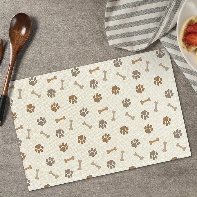Puppy Themed Placemats Set of 4, Dog Paw Print Table Mat for Home Kitchen, Restaurants, Outdoor Linen Washable Place Mats 12x18 inch Party Event Dining Decoration-09