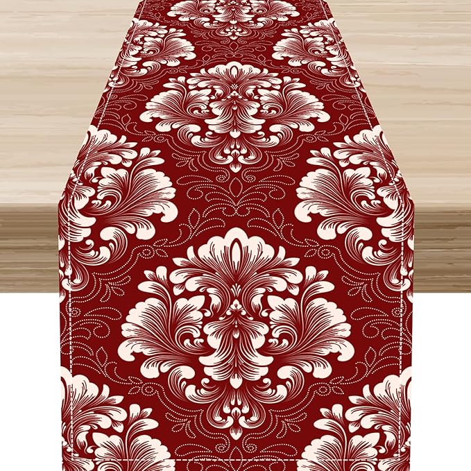 Vintage Damask Table Runner, Red Classical Luxury Old Fashioned Damask Royal Victorian Flora Print Table Center Decor for Family Kitchen Table Decorations Indoor Outdoor 13x108 inch