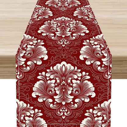 Vintage Damask Table Runner, Red Classical Luxury Old Fashioned Damask Royal Victorian Flora Print Table Center Decor for Family Kitchen Table Decorations Indoor Outdoor 13x90 inch