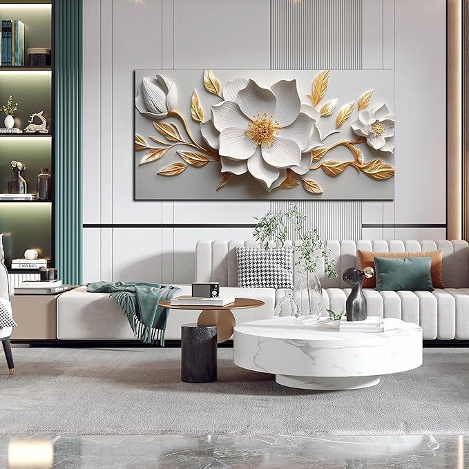 Canvas Wall Art for Living Room Bedroom Office White and Gold Flower Artwork Large Botanical Wall Art Framed Wall Decor Modern Canvas Prints 29x59 In