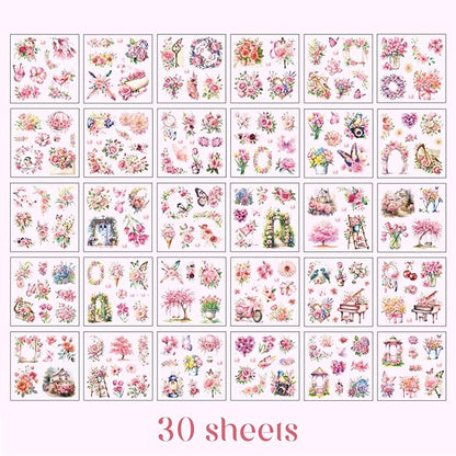 Floral Stickers Set,30 Sheets Pink Waterproof PET Clear Flower Stickers for Scrapbooking Journaling Bullet Journal Junk Journal Supplies