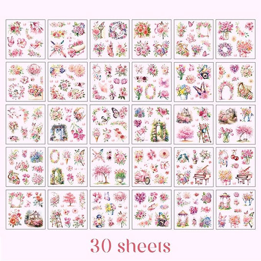 Floral Stickers Set,30 Sheets Pink Waterproof PET Clear Flower Stickers for Scrapbooking Journaling Bullet Journal Junk Journal Supplies