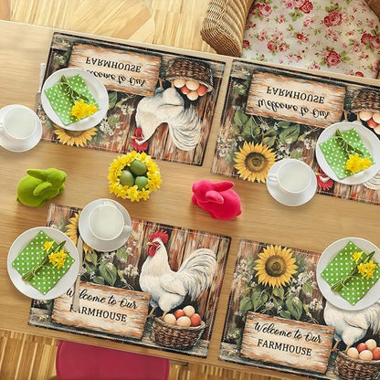 Farmhouse Rooster Placemats Set of 6, Rustic Chicken Place Mats, Country Sunflower Dining Table Mats, Washable Placemats for Kitchen Dining Room Home Decor 18L'' × 12W''