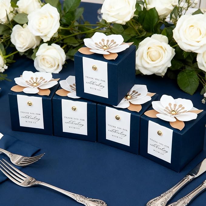 FEIYI 20 PCS Candy Boxes, 3 In 1 Navy Blue Favor Boxes with Floral Decor, White Thank You Tags Gift wrapping for Wedding Birthday Baby Shower Decorations Party -2.55x2.55x2.55''