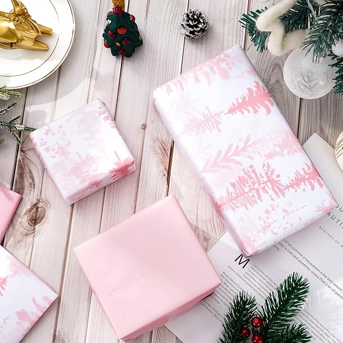 Whaline 100 Sheets Christmas Pink Tissue Paper Christmas Tree Gift Wrapping Paper Art Craft Paper for Home DIY Gift Bags Xmas Winter New Year Decor, 14 x 20 Inch
