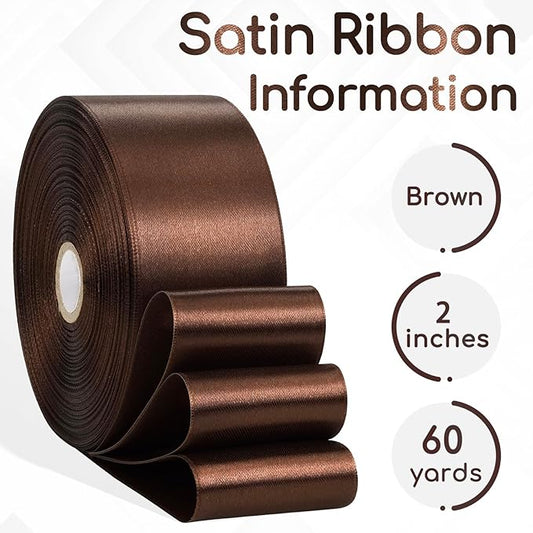 Brown Ribbon 2 Inch, 60 Yards Brown Satin Ribbon for Gift Wrapping, Crafts, Birthday Party, Flower Bouquet, Wedding, Easter, Christmas