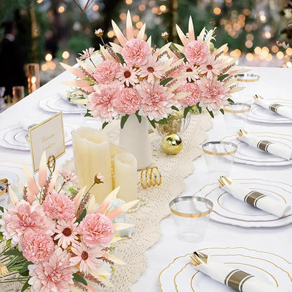 Dremisland Artificial Flowers Bouquet Silk Floral Arrangements Faux Flowers Plant for Home Decor Wedding Bride Bouquets Floral Tables Centerpieces for Home Decor Indoor Vase Table Decor (Pink)