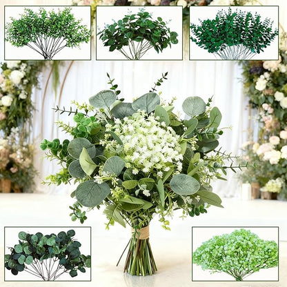 150 Packs 5 Kinds Artificial Greenery Stems Mixed Artificial Eucalyptus Wedding Bouquet Bulk Fake Eucalyptus Stems Greenery Leaves for Vase Wedding Home Table Decor DIY Bouquets (Green)