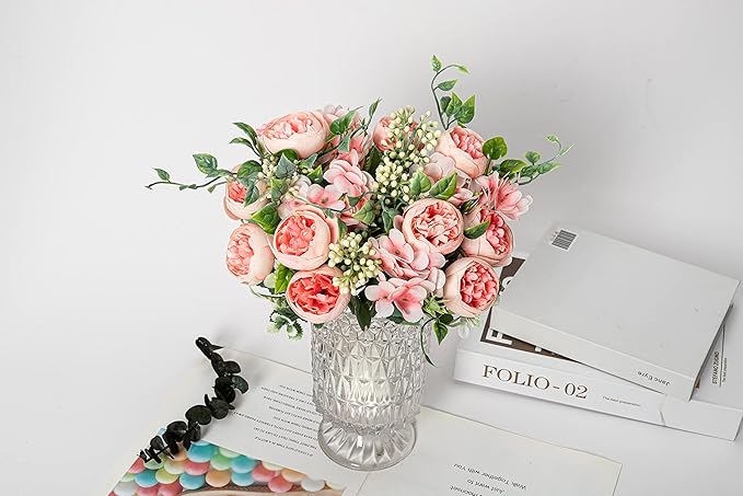 KAOYOO 2 PCS Artificial Peony Bouquet Short Stem for DIY Wedding Decoration Bridal Bouquet Home Decorations(Pink 2-PCS)