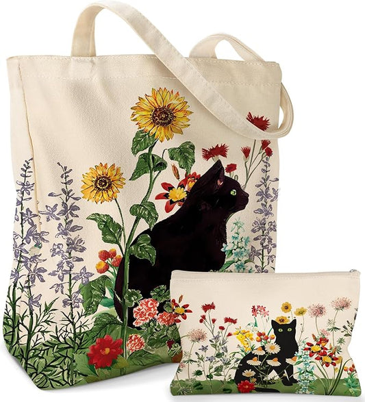 Aesthetic 2 Pack Canvas Tote Bag - with Makeup Zipper Pouch for Women Bag for Shopping, Gym, Travel, Vacation