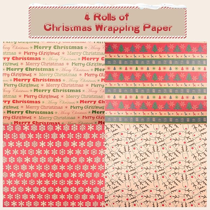 Happypapa Christmas Wrapping Paper, Kraft Xmas Wrapping Paper Rolls - Snowflakes, Reindeer, Gift and Merry Christmas Pattern - 4 Rolls - 17 Inch × 120 Inch Per Roll