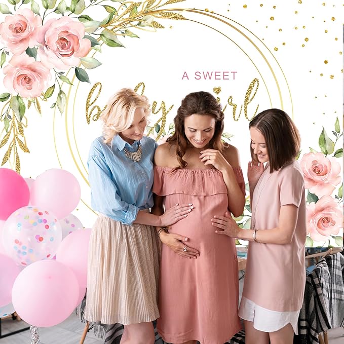 Mocsicka Floral Sweet Baby Girl Backdrop It's a Girl Baby Shower Background Watercolor Pink Floral Baby Shower Party Cake Table Decoration Photo Booth Props (10x7ft)