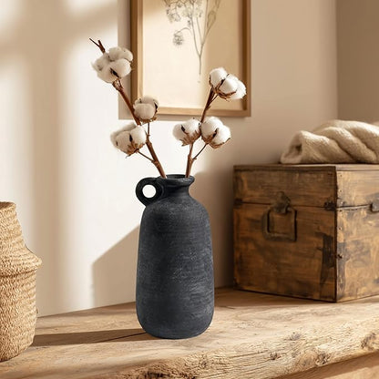 Sunddo Rustic Farmhouse Vase with Handle, 10 inch Black Ceramic Flower Vase, Terracotta Clay Stone Pottery, Black Kitchen Decor, Entryway Shelf Living Room Table Decor