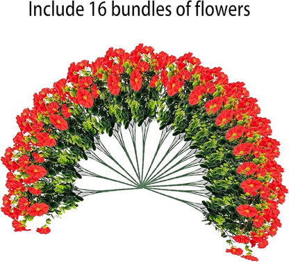 Artificial Outdoor Flowers 16 Bundles Fake Morning Glory Flower Outdoor UV Resistant Plastic Faux Flowers Plants for Decoration Indoor Outdoor Hanging Window Box Planter Home Porch Decor (Red)