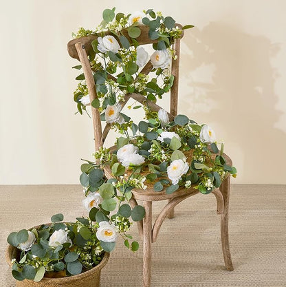 2 Pack 12Ft Artificial Eucalyptus Flower Garland with White Roses, Faux Floral Greenery Garland Fake Flower Vines for Wedding Party Centerpiece Table Runner Arch Party Decor (2PCS,White