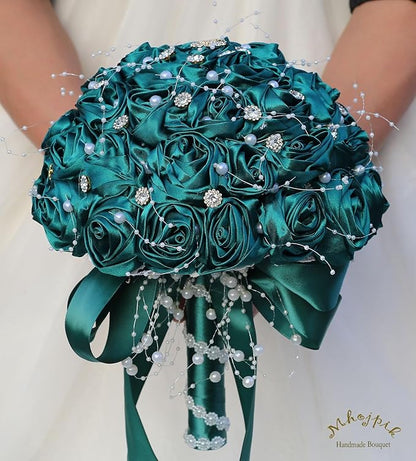 Bridal Wedding Bouquet Round Bling Brooch Bouquet Throw Toss Artificial Rose Flower Bunch for Bride Bridesmaid Wedding Quinceanera(Dark Green, 9.8")