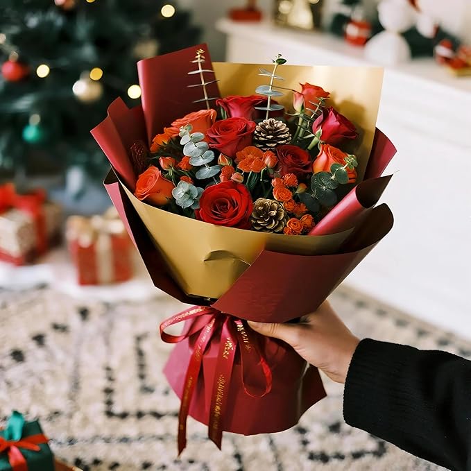 LeZakaa 20 Sheets Christmas Flower Wrapping Paper, Wine Red and Gold Design Waterproof Reversible Floral Bouquet Paper, for Valentines, Mothers Day, Party, Birthday, Wedding, Baby Shower