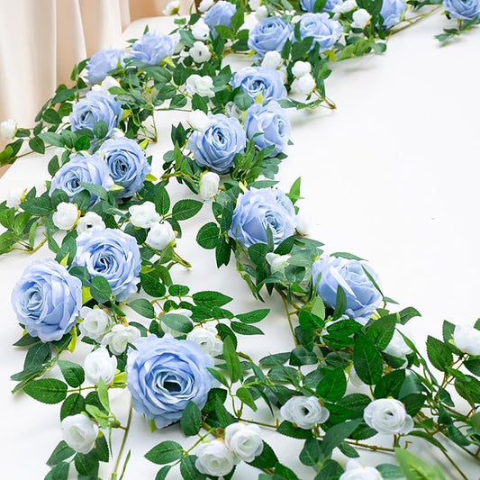 6FT Bendable Flower Garland, Artificial Rose Vine Hanging Floral Garland Decoration for Weding Home Room Wall Decor (Blue, 2pcs)