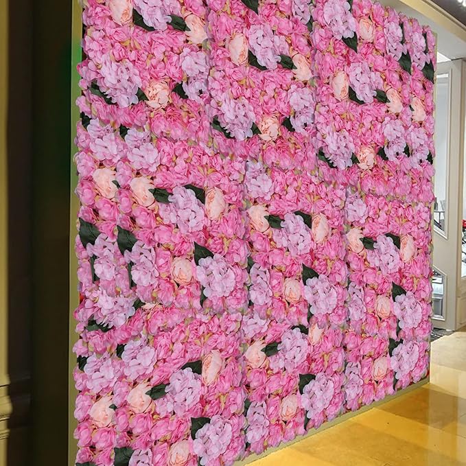 Gdrasuya10 6 Pcs Artificial Flower Wall Panels 3D Flower Background Panel for Wall, 60x40cm Wedding Flower Decorations Wall Silk Rose Panels for Party, Nail, Photo Areas, Stage Background (Pink)
