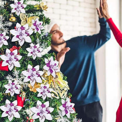 Geosar 24 Christmas Glitter Artificial Poinsettia Flowers Xmas Poinsettia Artificial Wedding Flowers Decorations Xmas Tree Ornaments with Clips for Party Favors, 6 Inch, 4 Inch, 3 Inch (White Purple)