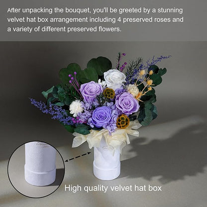 Perfectione Roses 4 Roses Mixed Bouquet for Mother's Day, Flowers for Delivery, Preserved Flowers Birthday Gift for Women Mom Wife Grandma Her, Light Purple