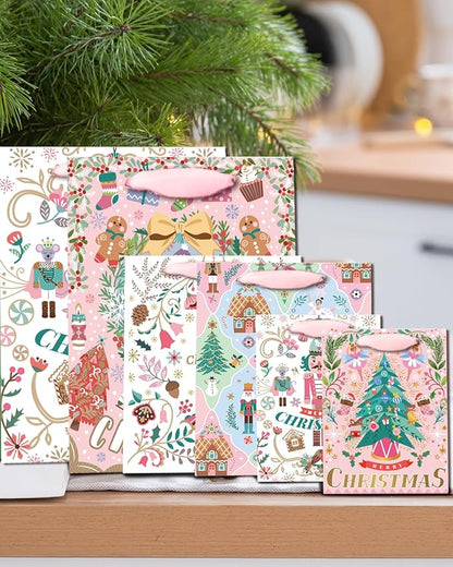 qiqee 10PCS Christmas White Gift Bags with Pink Polar Bear Design(2PCS Large 5.5"x10.2"x13", 4PCS Medium 4.3"x 7.7"x 9.6", 4PCS Small 2.4"x 4.7"x 6.3", 30PCS Tissue Paper included)