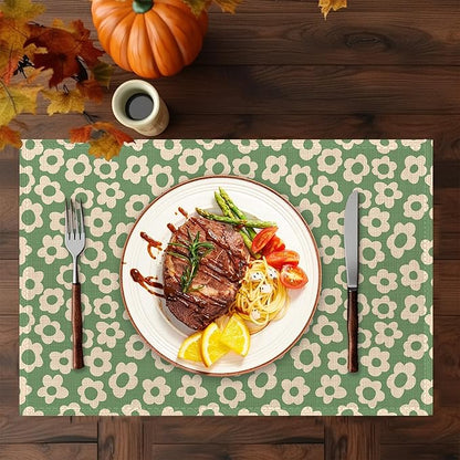Groovy Green Flower Placemats Set of 6,Washable Heat Resistant 12×18 Inch Linen Table Mats Daisy Place Mats for Party Outdoor Dining Décor