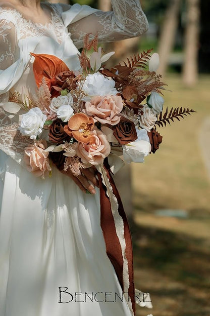 14 Inch Walnut Brown Bridal Bouquet,Wedding Bouquet,Bride Bouquets for Wedding Ceremony Anniversary, Boho Wedding,Party and French Rustic Vintage Wedding,Artificial Flowers