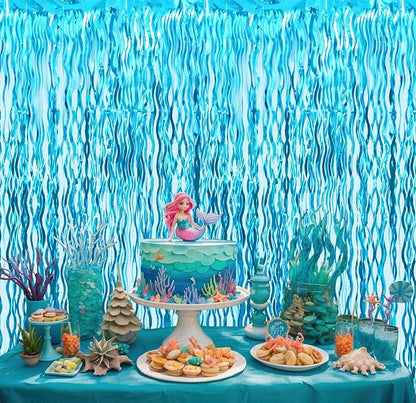 GOER 3.2 ft x 6.5 ft Metallic Tinsel Foil Fringe Curtains Party Photo Backdrop Party Streamers for Birthday,Graduation,New Year Eve Decorations Wedding Decor (5 Pcs,Wavy Light Blue)