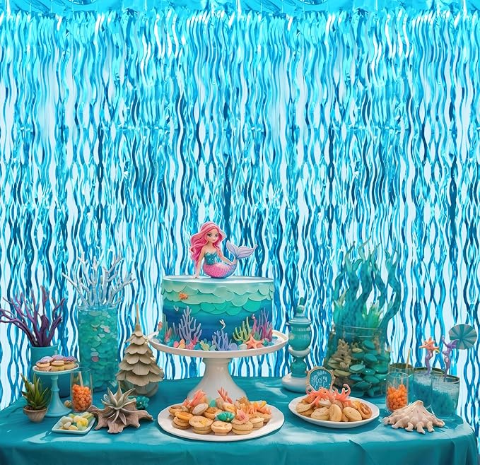 GOER 6.4 ft x 6.5 ft Metallic Tinsel Foil Fringe Curtains,Pack of 2 Party Streamer Backdrop for Birthday,Graduation Decorations and New Year Eve (Wavy Light Blue)